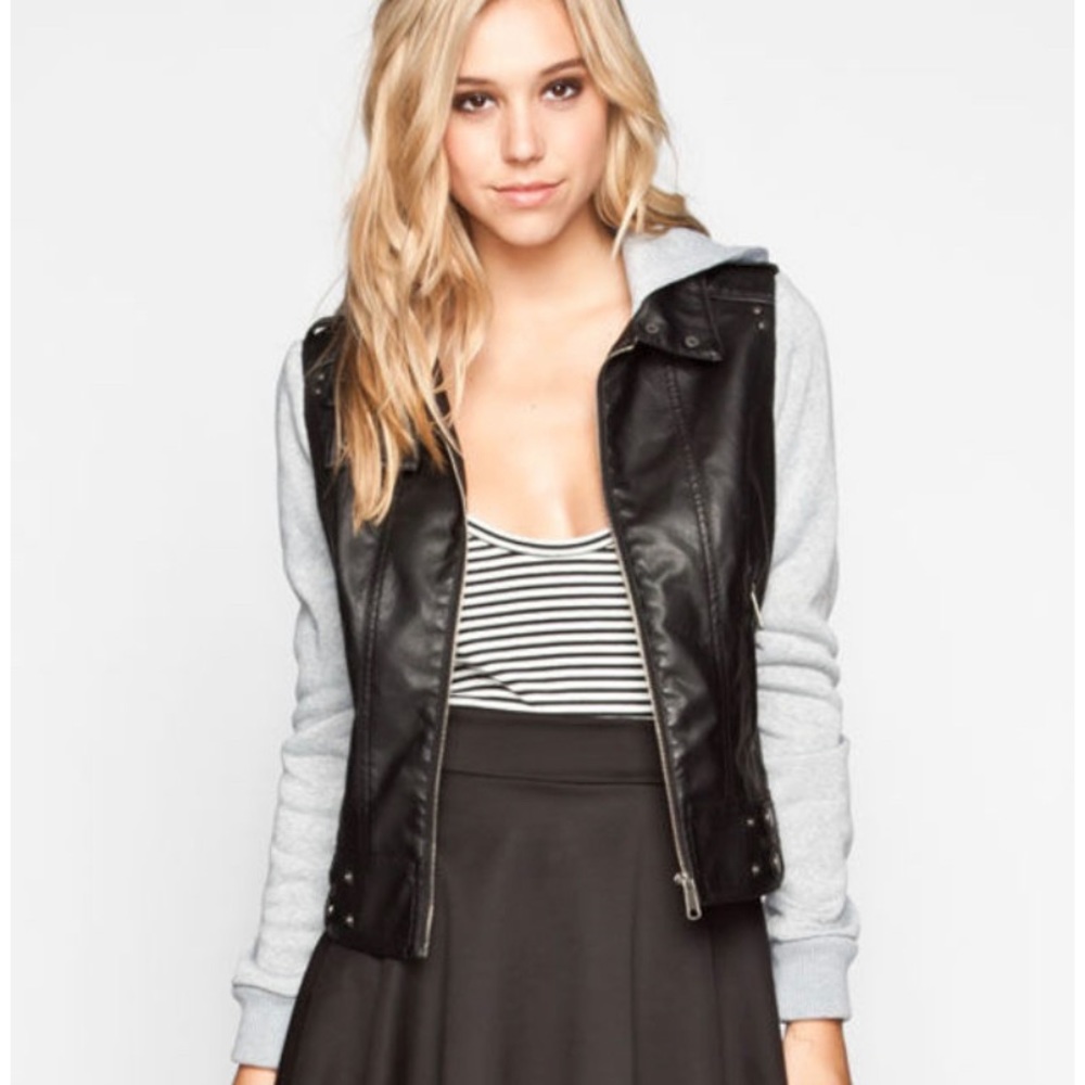 Boy Meets Girl leather coat with sweatshirt sleeve